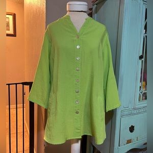 Fridaze 100% Linen Medium Line Green Button Down tab sleeve tunic shirt Pockets